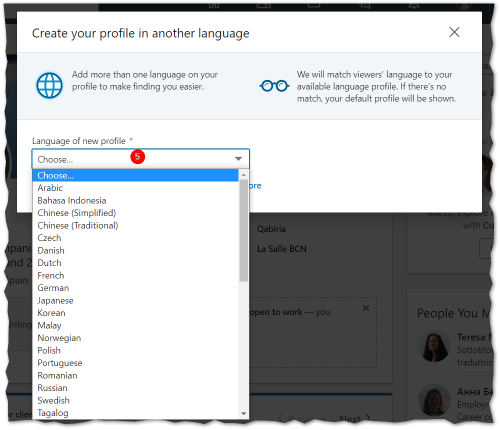 Pantalla de selección de idioma de LinkedIn