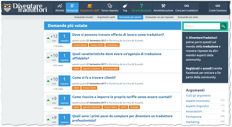 Screenshot with the most asked questions on DiventareTraduttori.com
