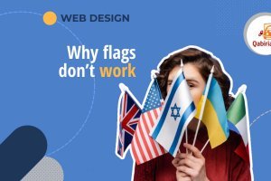 Woman hidden behind flags and Qabiria logo