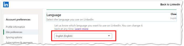 Pantalla del cambio de lenguas de la interfaz en LinkedIn