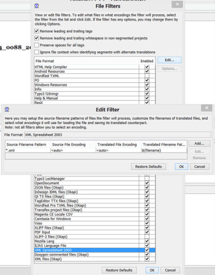 Schermata del filtro XML Excel in OmegaT