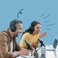 man and woman podcasting