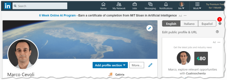 Pantalla del perfil de LinkedIn