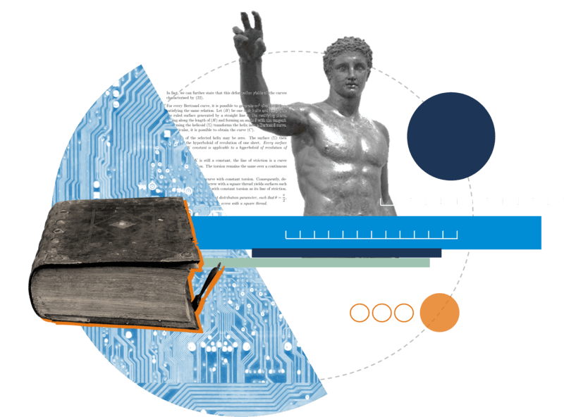 Collage con statua e manuale