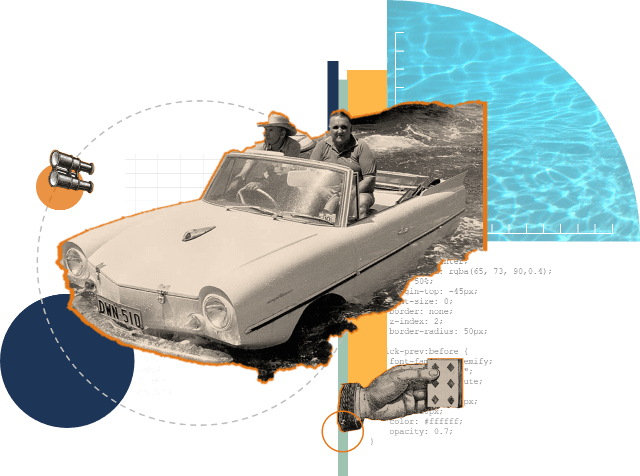 Collage con auto anfibia