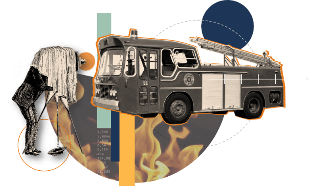 Collage with fire truck and photographer