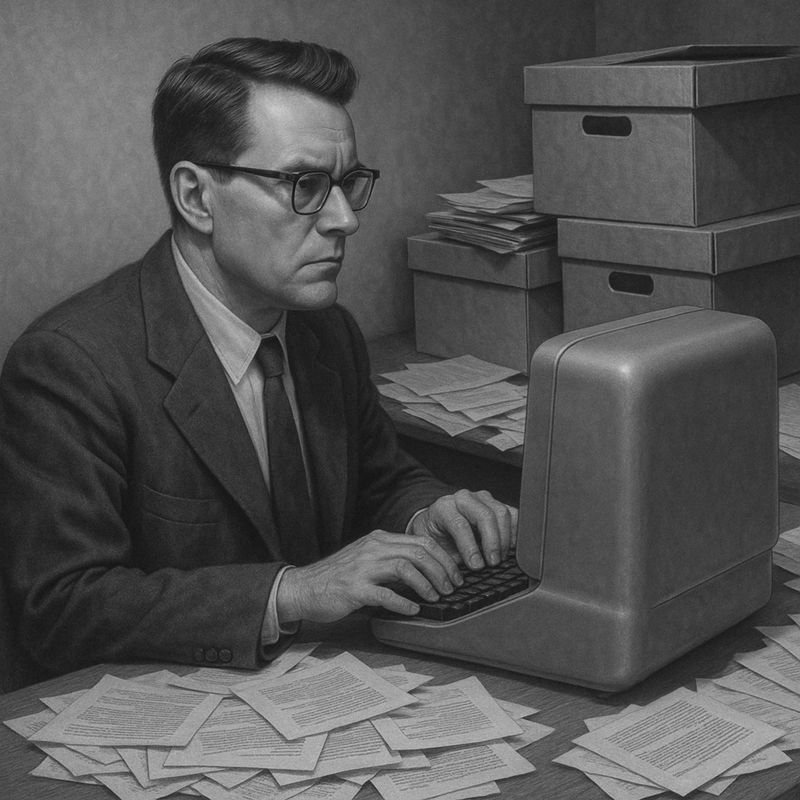 Person at computer with boxes of documents and scattered papers