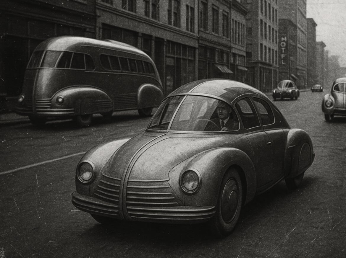 Retrofuturistic vehicles on a city street