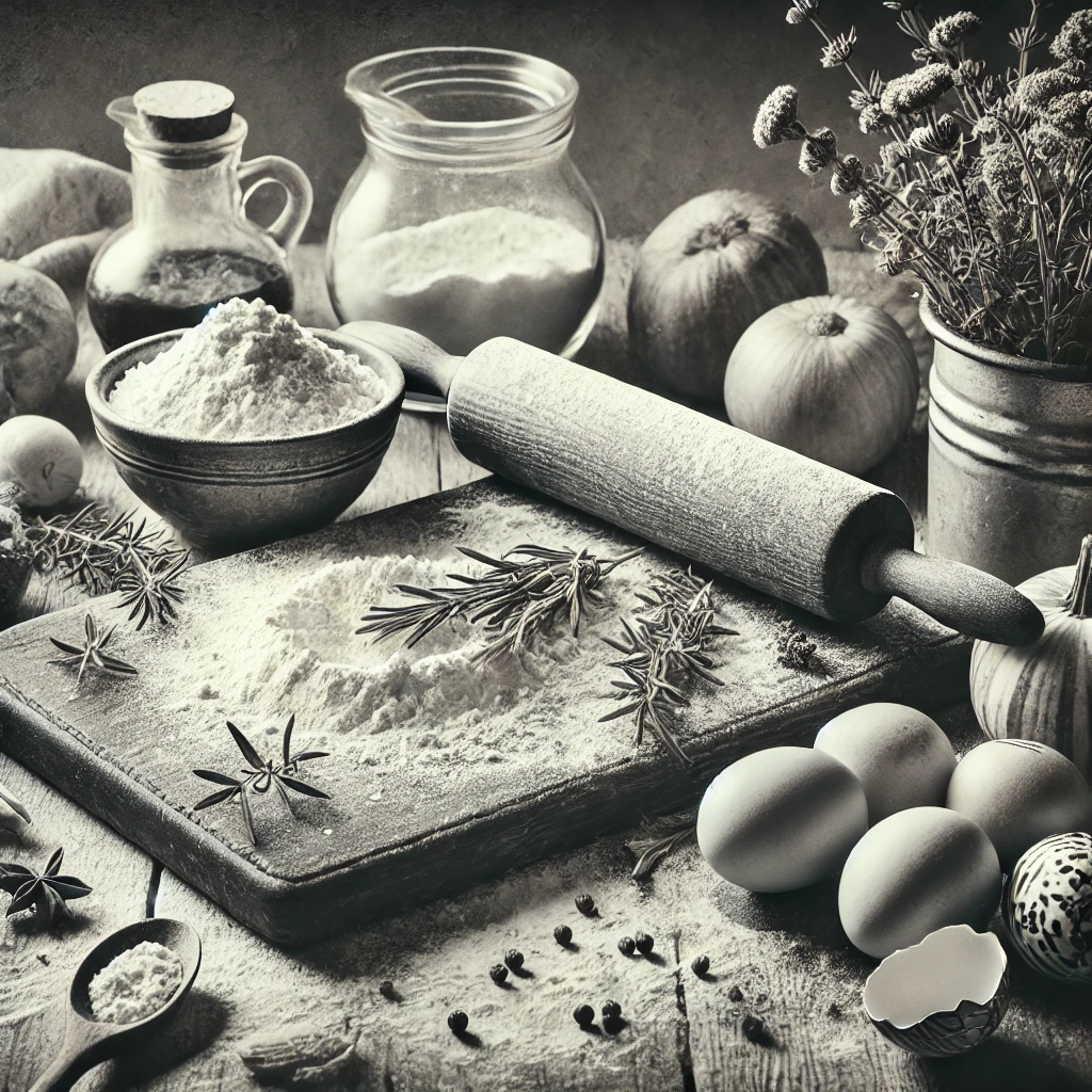 A vintage, black and white image of a table with various ingredients. The table is wooden and rustic, with scattered items such as flour, eggs, herbs