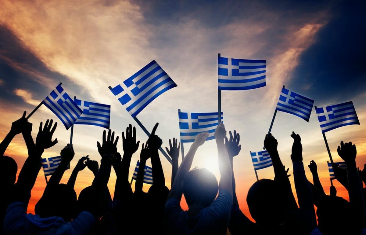 Crowd with Greek flags