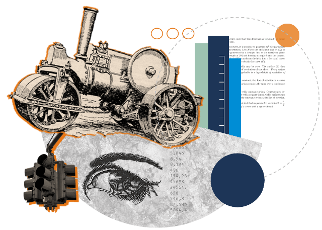 Collage con macchina agricola e semaforo