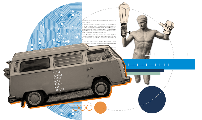 Collage con statua greca e furgone VW