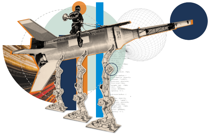 Collage with rocket and acrobats