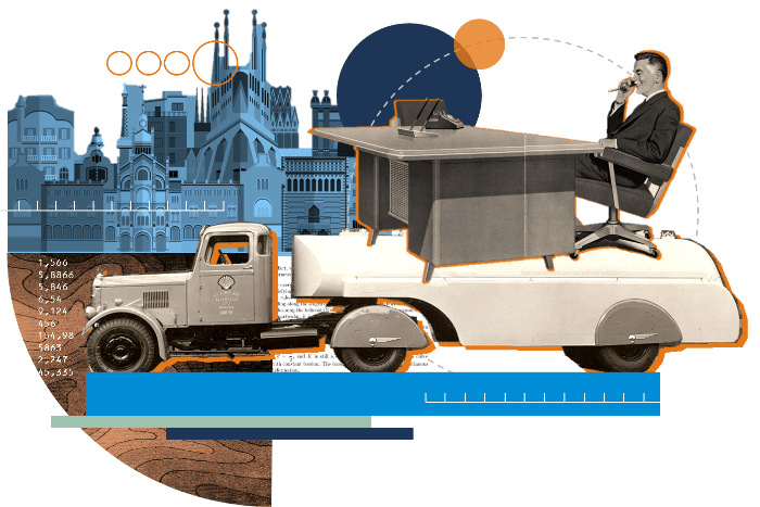 Collage con uomo, autobotte e Sagrada Familia