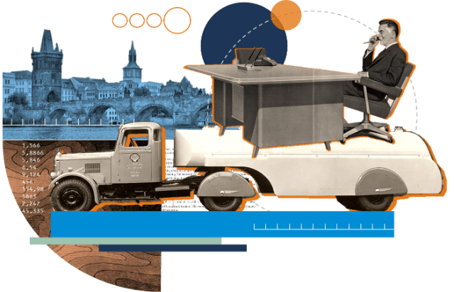 Collage con hombre y camión cisterna