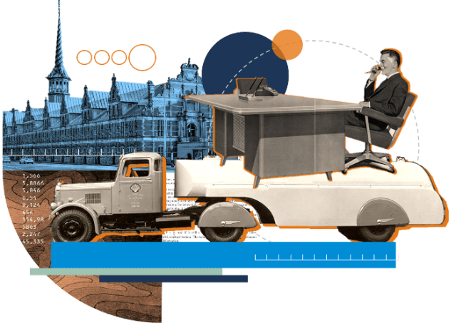 Collage con hombre, camión cisterna y panorama de Copenhague