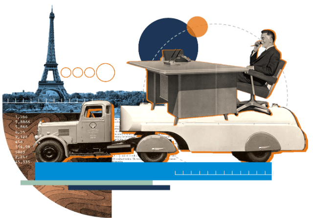 Collage with man, tanker and panorama of Paris