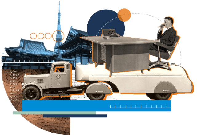 Collage with man and tanker and panorama of Tokyo