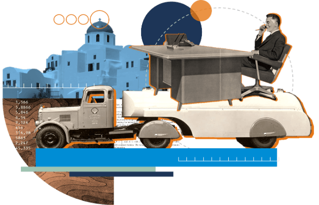 Collage con hombre, camión cisterna y panorama de Santorini