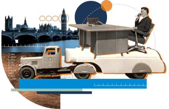 Collage with man, tanker and London skyline