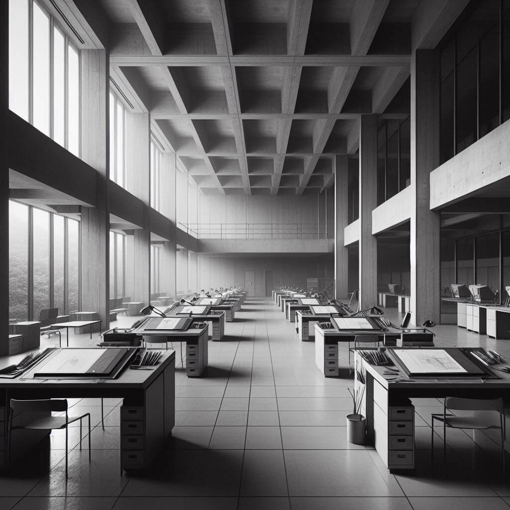 Ufficio vuoto con scrivanie da disegno