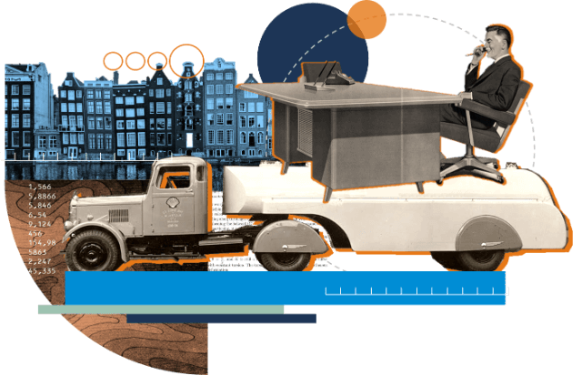 Collage with man, tanker and view of Amsterdam