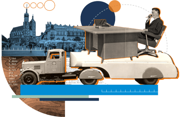 Collage with man, tanker and view of Krakow