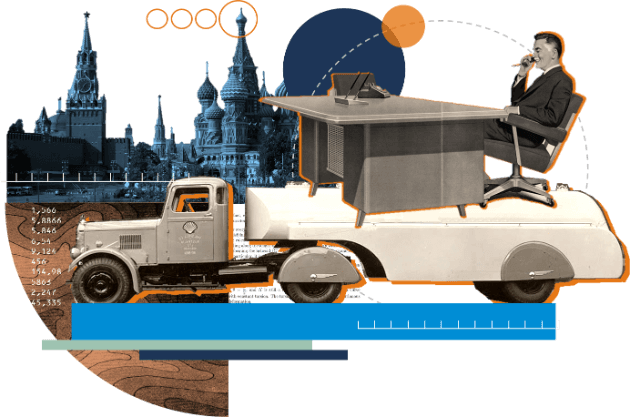 Collage con hombre, camión cisterna y vista de Moscú