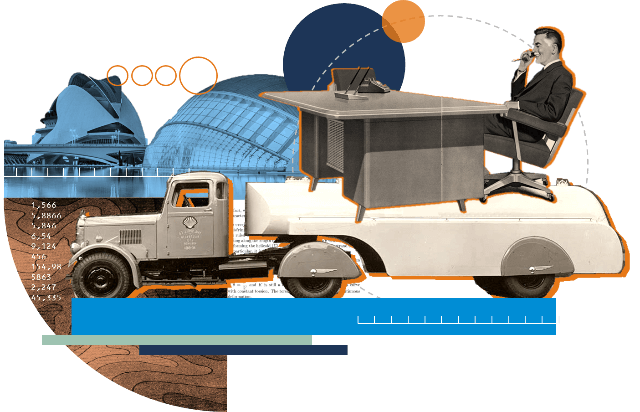 Collage with man, tanker and view of Valencia