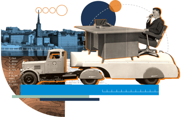 Collage con uomo, autobotte e veduta di Stoccolma