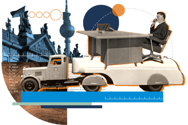 Collage con hombre, camión cisterna y vista de Berlín