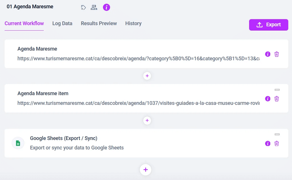 Schermata di una delle ricette di web scraping in Hexomatic