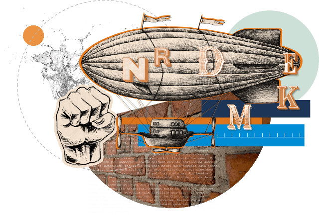 Collage with blimp and fist