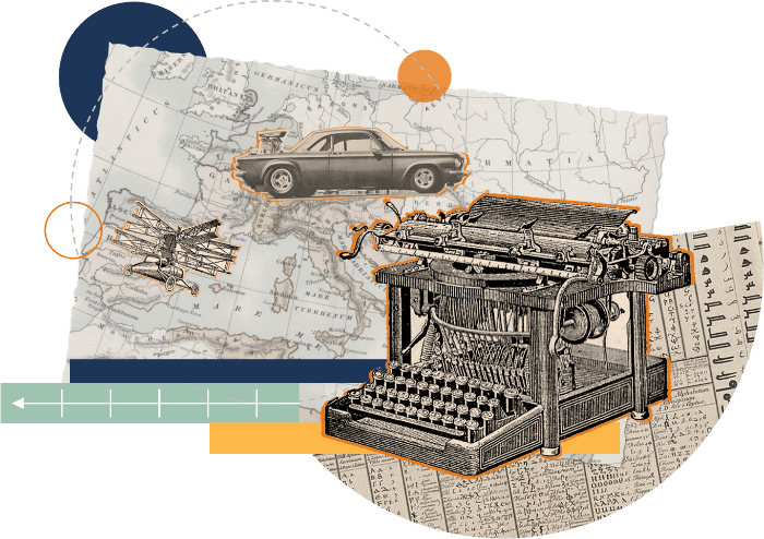 Collage con auto e macchina da scrivere