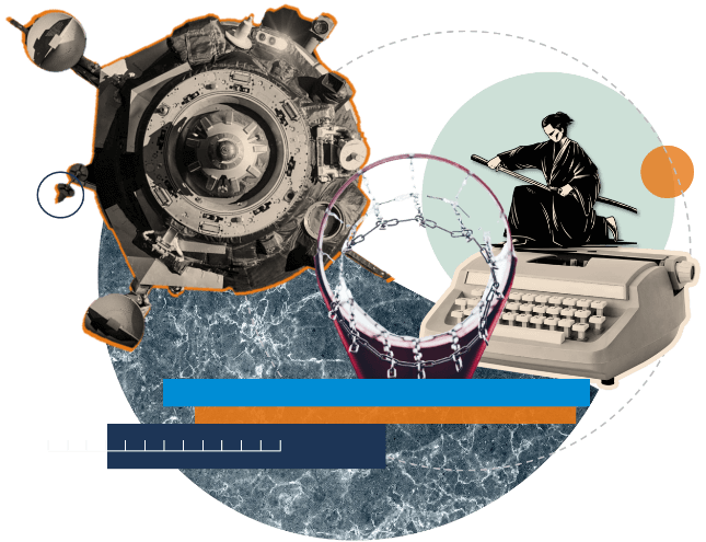 Collage con Soyuz, samurái, máquina de escribir y canasta