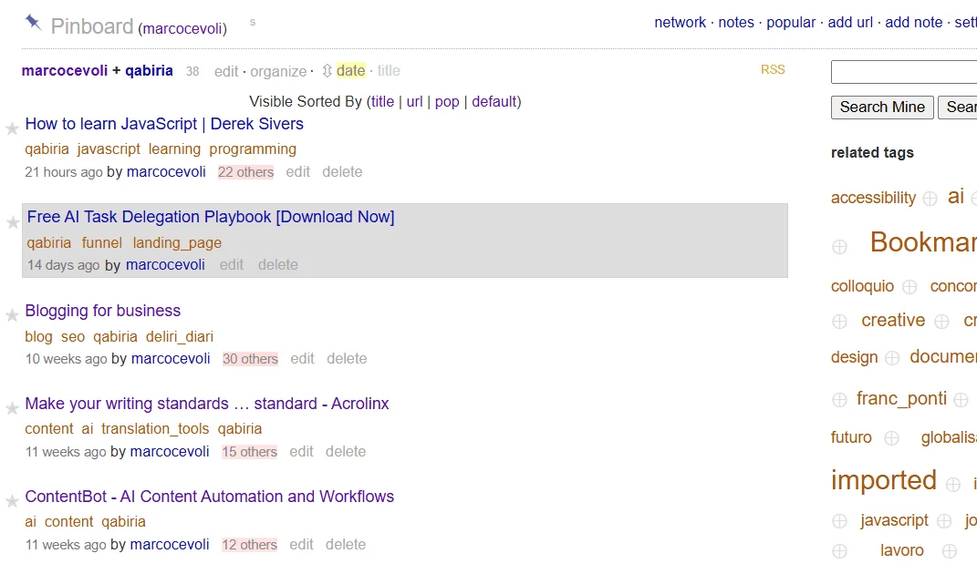 Screenshot di Pinboard