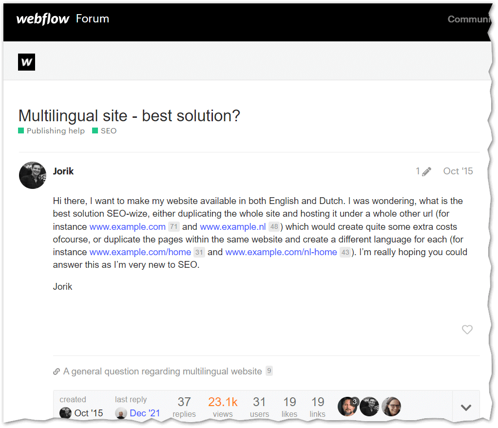 Captura de pantalla del foro de Webflow