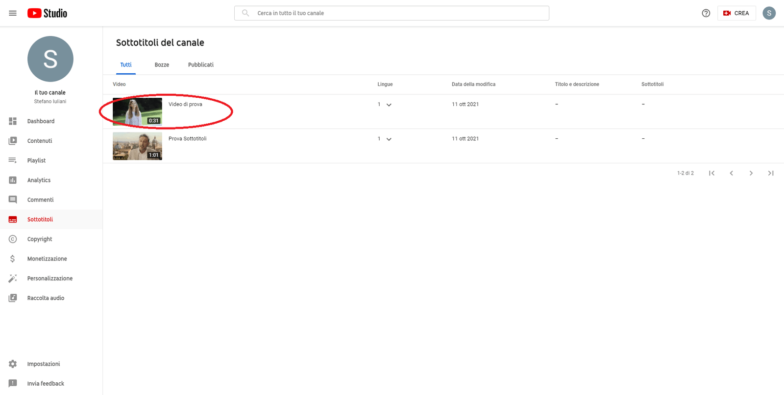 Screenshot of YouTube, Manage videos - Modify
