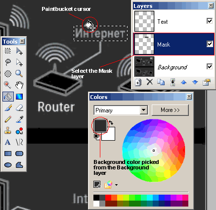 Using the Paint Bucket tool on the Mask layer