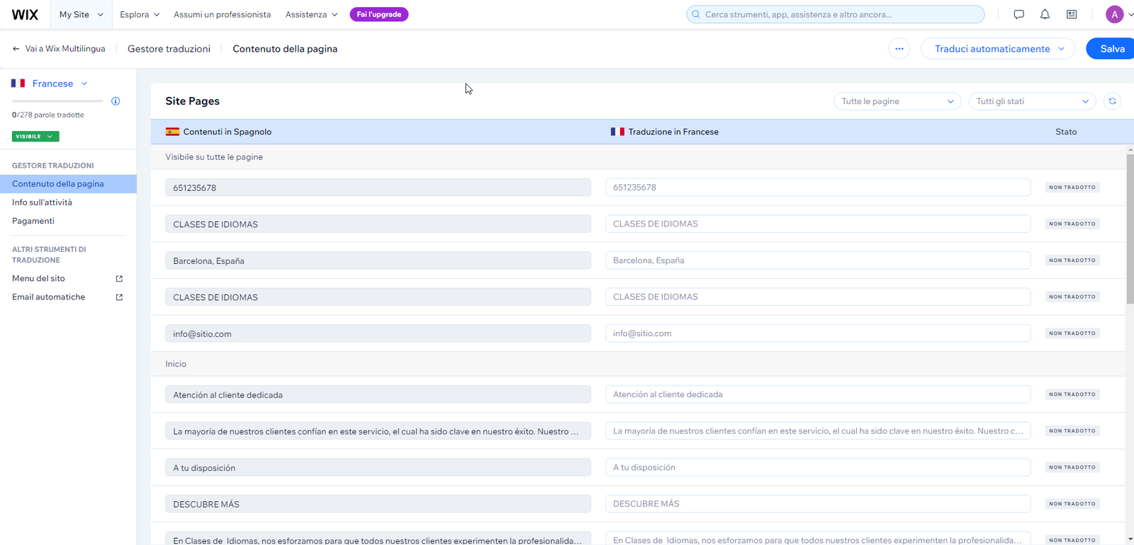 Schermata dell'editor di traduzione di Wix