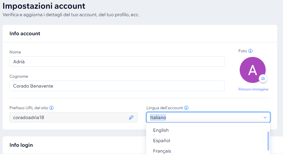 Schermata delle impostazioni dell'account