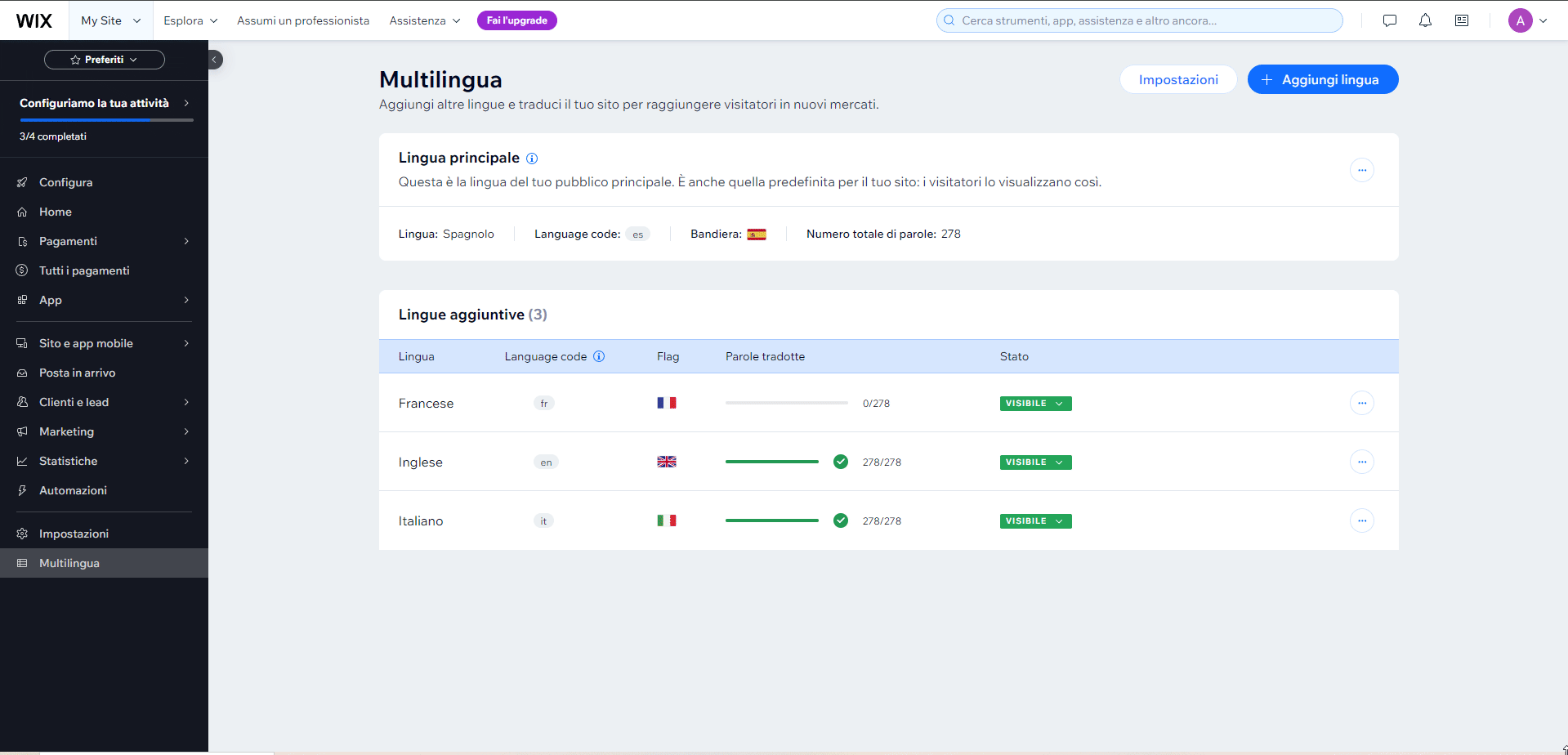 GIF animata del procedimento per rimuovere una lingua su Wix