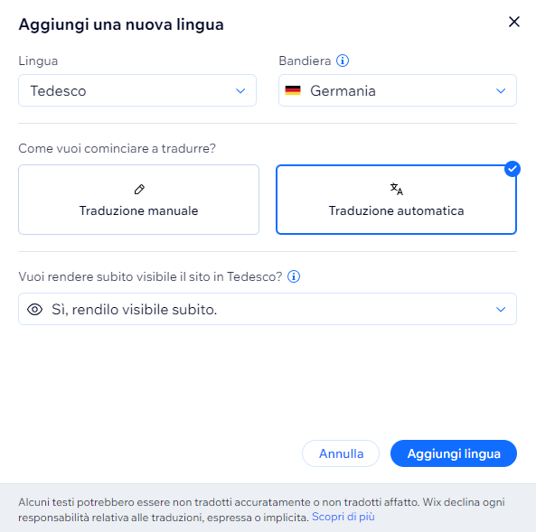 Schermata della selezione fra traduzione manuale e automatica su Wix
