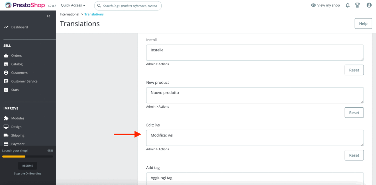 Schermata di Prestashop della pagina Translations