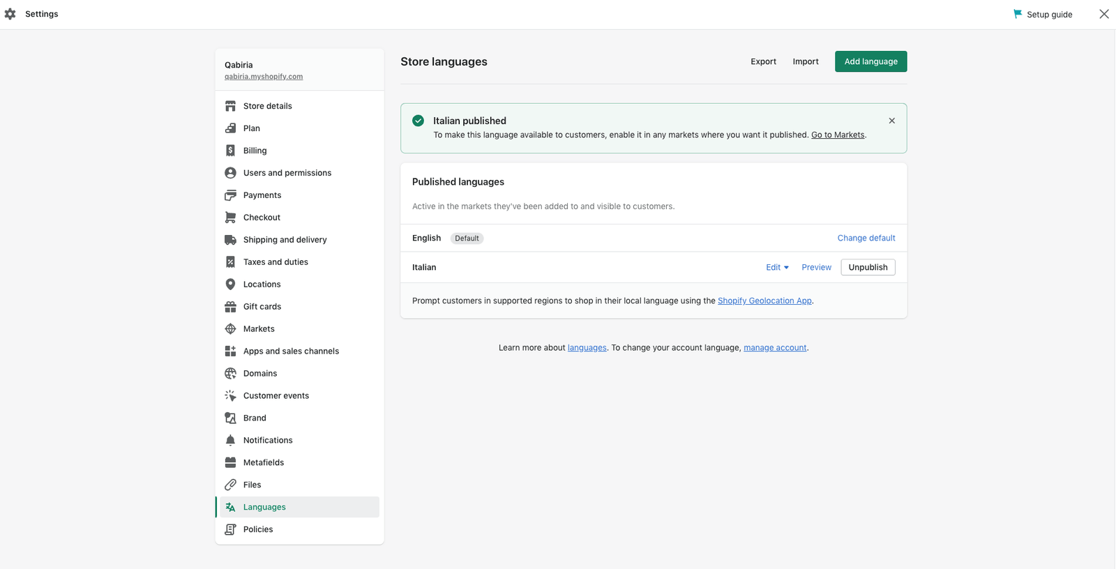 Publicar un idioma en Shopify