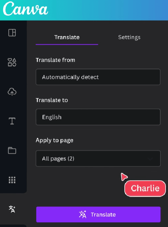 Schermata di Canva.com con la funzione di traduzione