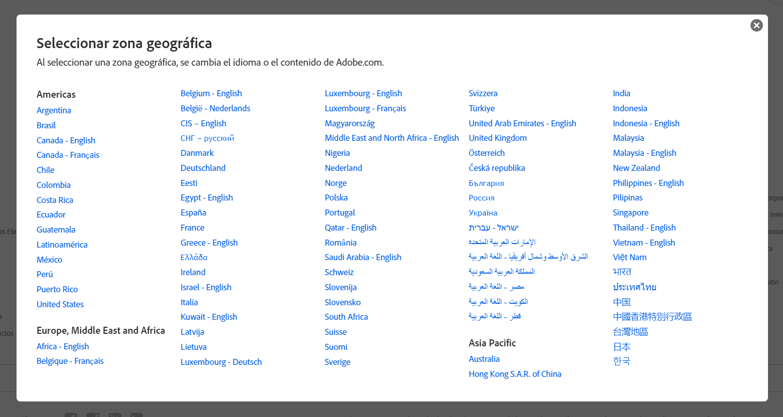 Esempio di menu delle regioni geografiche come pop-up - Adobe