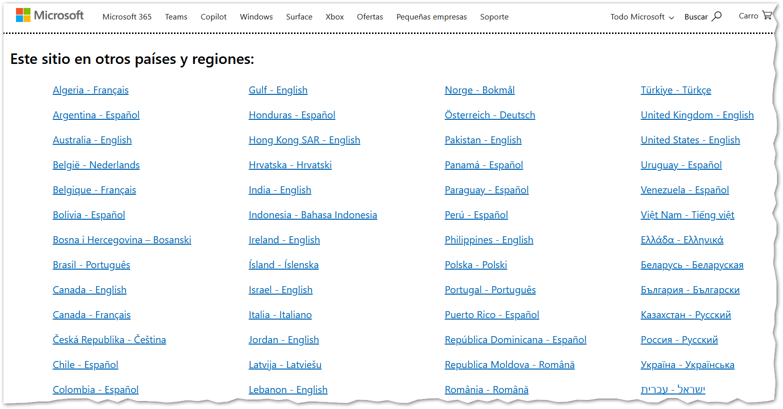 Esempio di menu delle regioni geografiche come pagina a parte - Microsoft