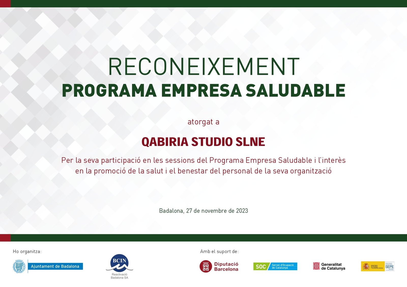 Certificato di Azienda Sana rilasciato a Qabiria